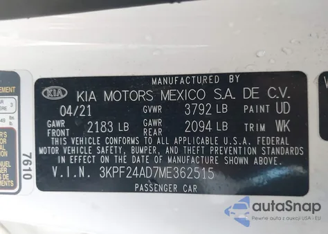 2021 Kia Forte Lxs z USA, uszkodzony, nr VIN 3KPF24AD7ME362515
